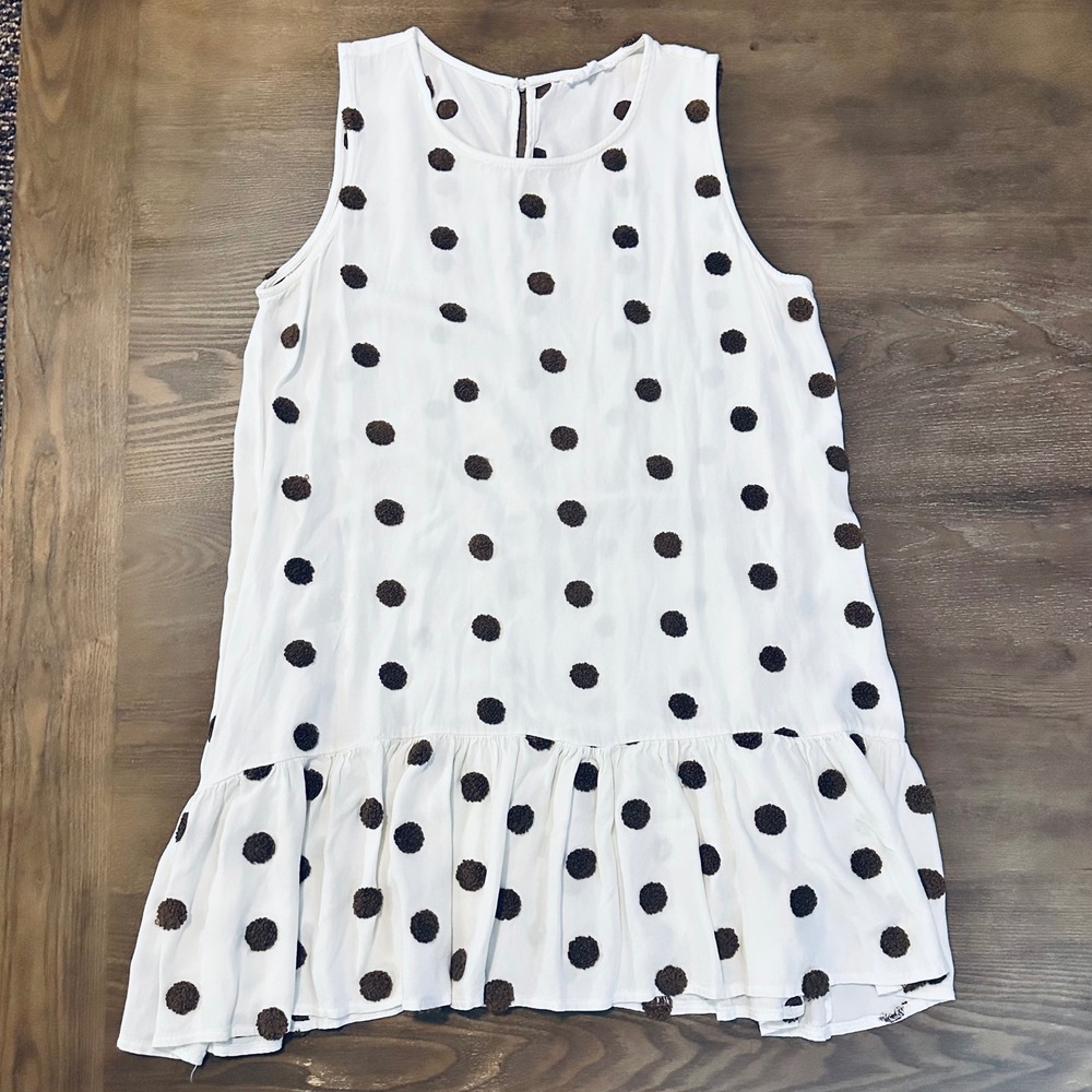 Blu Pepper Women's White Sleeveless‎ Brown Polka Dot Ruffle Hem dress Large